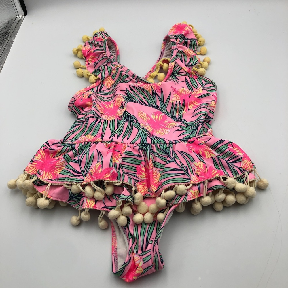 Nicole Miller Swimsuit Girls 3T Pink Tropical Pom Pom Accents